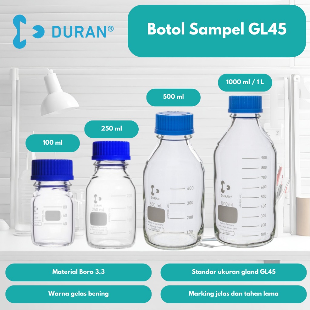 DURAN Bottle Botol Sampel Laboratorium GL45 100 ml Bening Tutup Biru
