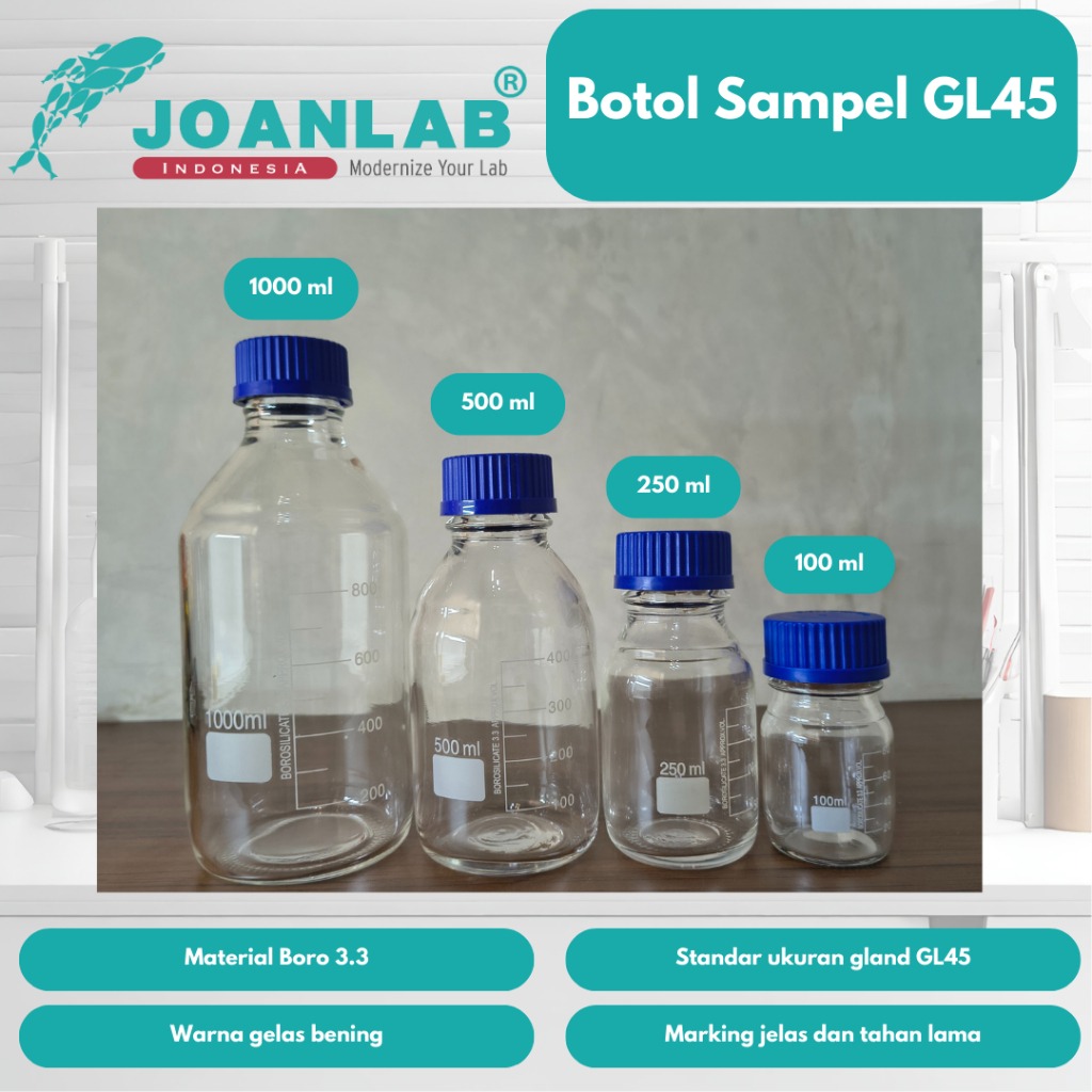 JOANLAB Botol Reagen Kaca GL45 500 ml Bening Tutup Biru