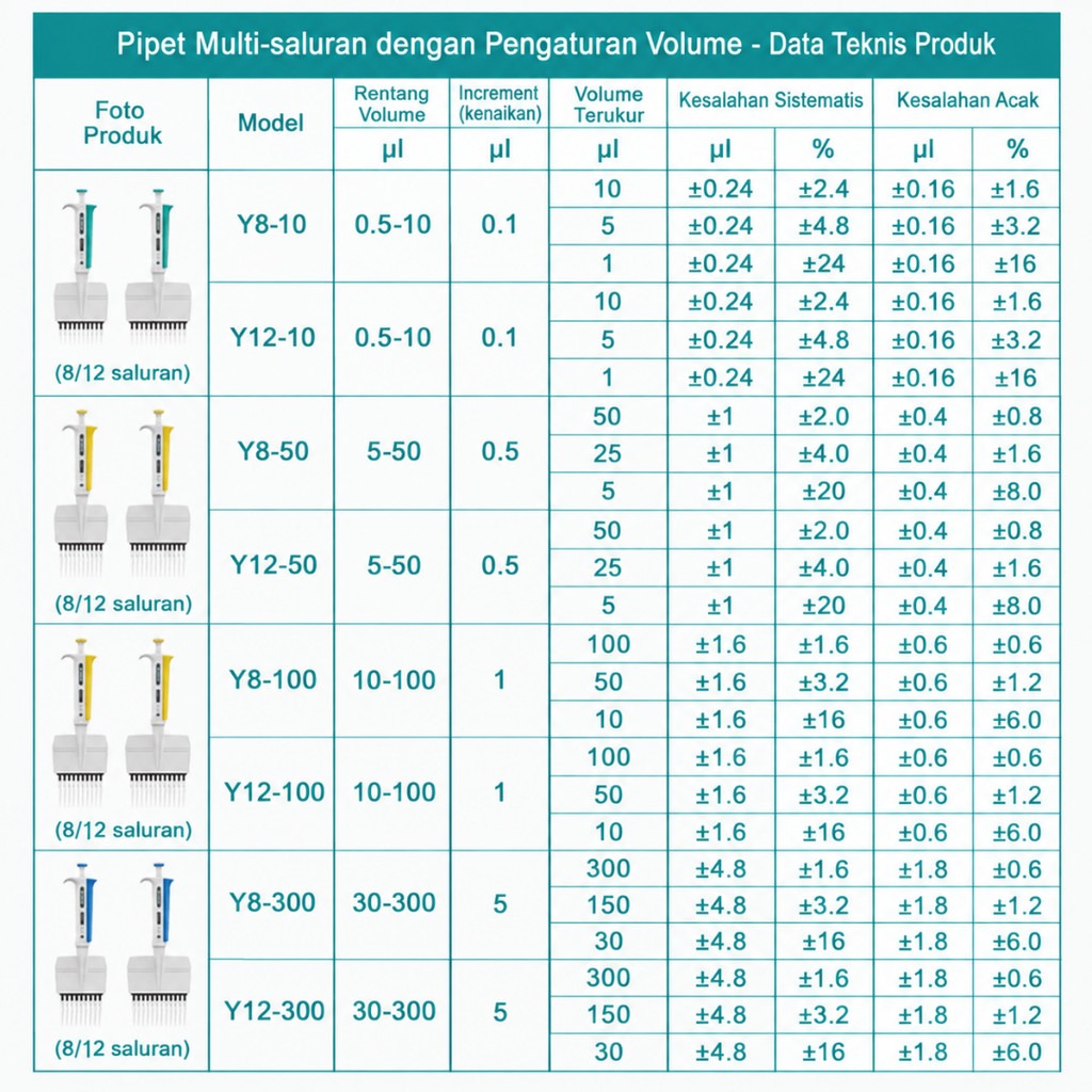 JOANLAB Multichannel Pipette Pipet Cabang 12 Akurat Presisi Y12-10/Y12-50/Y12-100/Y12-300