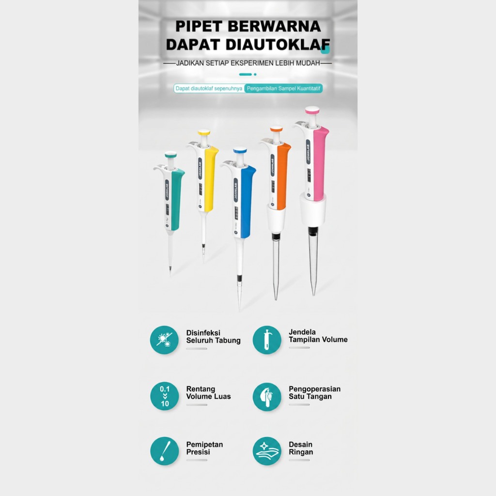 JOANLAB Micropipette Autoclaveable Pipet Mikro Autoklaf Kuat Asam Basa Y2.5/Y10/Y20/Y50/Y100/Y200/Y1000/Y5000/Y10000