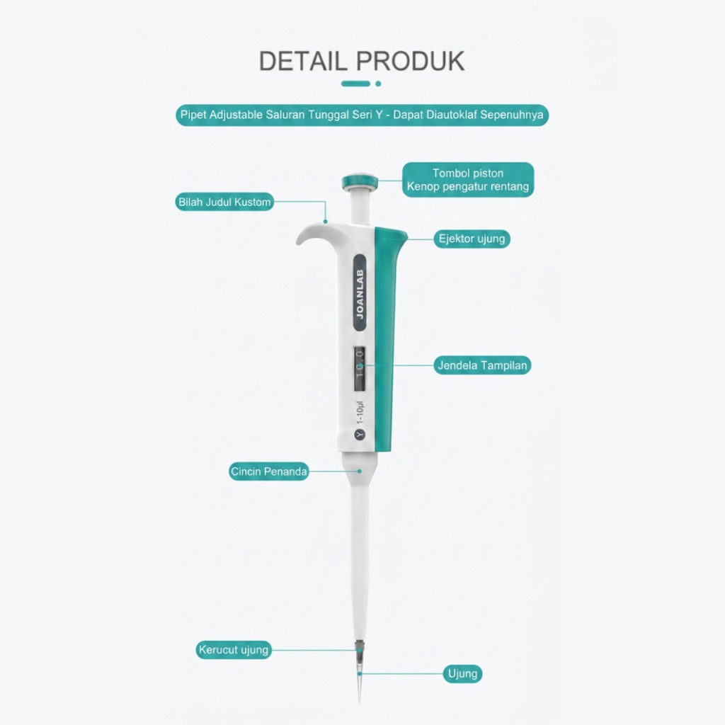 JOANLAB Micropipette Autoclaveable Pipet Mikro Autoklaf Kuat Asam Basa Y2.5/Y10/Y20/Y50/Y100/Y200/Y1000/Y5000/Y10000